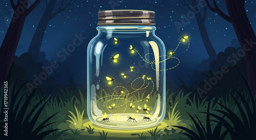 Magical scene of fireflies glowing inside a glass jar in a dark forest at night, creating a whimsical and enchanting atmosphere