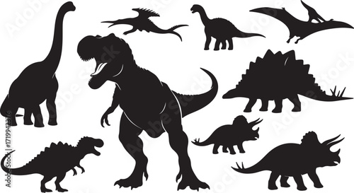 Set of Dinosaur Silhouettes – Prehistoric Animal Vector Illustration Collection Featuring T-Rex, Triceratops, Brachiosaurus, Velociraptor and Extinct Jurassic Creatures in Black Silhouette Style 