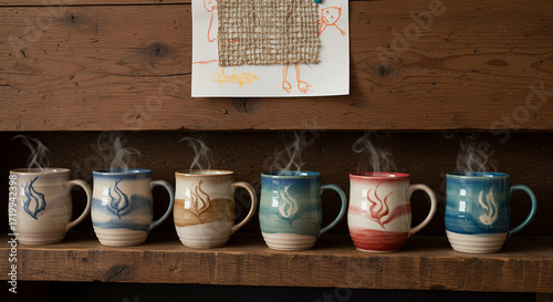 A row of six steaming ceramic mugs filled with hot beverages on a rustic wooden shelf