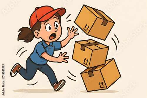 Cartoon delivery girl running to catch falling shipping boxes illustration representing workplace rush stress logistics urgency courier service mishap packaging accident concept e commerce parcel deli