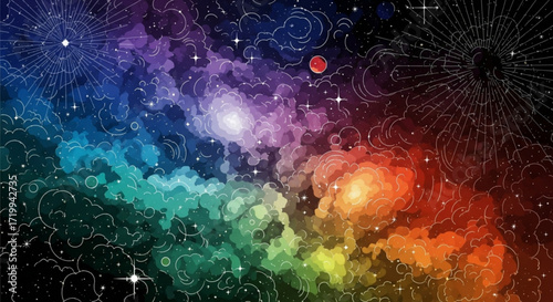 Vibrant cosmic cloudscape with stars and planets, showcasing the beauty of the universe, celestial wonders, and the vastness of space in a colorful illustration