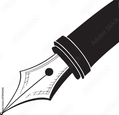 Black and White Illustration of a Fountain Pen Nib on White Background Keywords: fountain pen, nib, writing