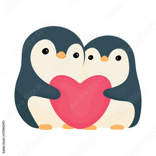 A cute penguin couple in love on a white background. The penguins are holding a heart. Vector illustration for Valentine's Day.