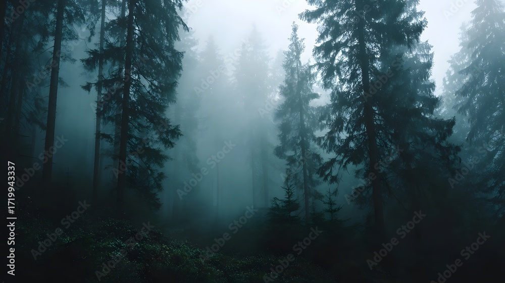 Obraz premium A dense misty evergreen forest with tall trees and filtered light creates a moody atmospheric scene