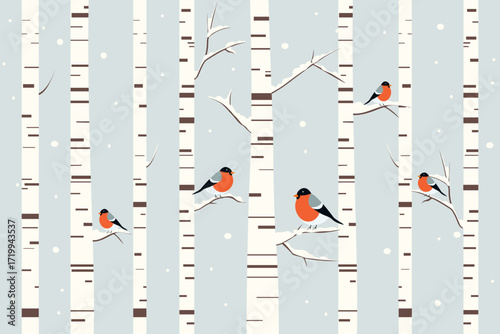 Bullfinches on birch trees in a winter forest. Beautiful birds perch on trees in a winter forest in snowy weather. Vector illustration of a winter forest with bullfinches for backgrounds and design.
