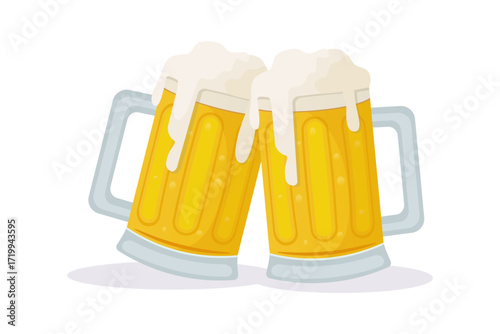 Beer glasses making cheers. Beer glass mugs with foamy beer. Glasses with foaming fresh beer for design. Vector illustration.