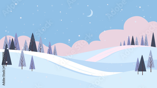 Beautiful winter twilight landscape. Winter evening nature scene with trees, snowdrifts, hills, and the moon in sunny weather. Vector landscape of Christmas night.