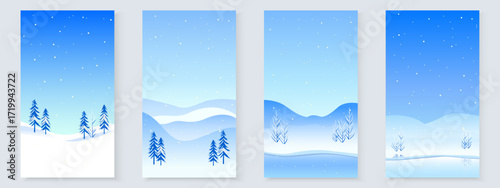 Mountain winter landscapes, card set. Snow-capped mountains and hills. Concept of winter tourism, hiking, and active winter recreation. Vector illustration of winter landscape cards for Christmas.