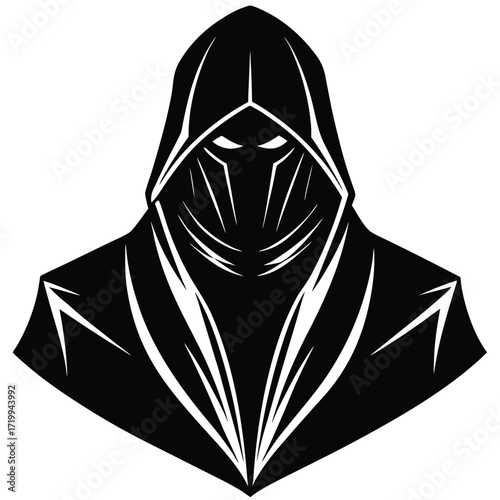 Mysterious hooded figure with glowing eyes represents anonymity and hidden power for design silhouette