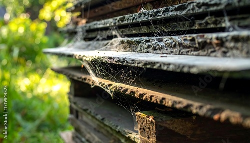 Stacked weathered boards with spiderwebs
