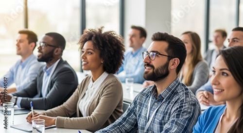 Diverse group attentively listens to a presentation during a business conference or seminar.