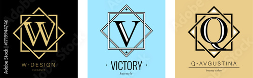 Logo W, V, capital letter Q. Monogram of Botanical in two squares. with Organic Plant Elements. Vector design.