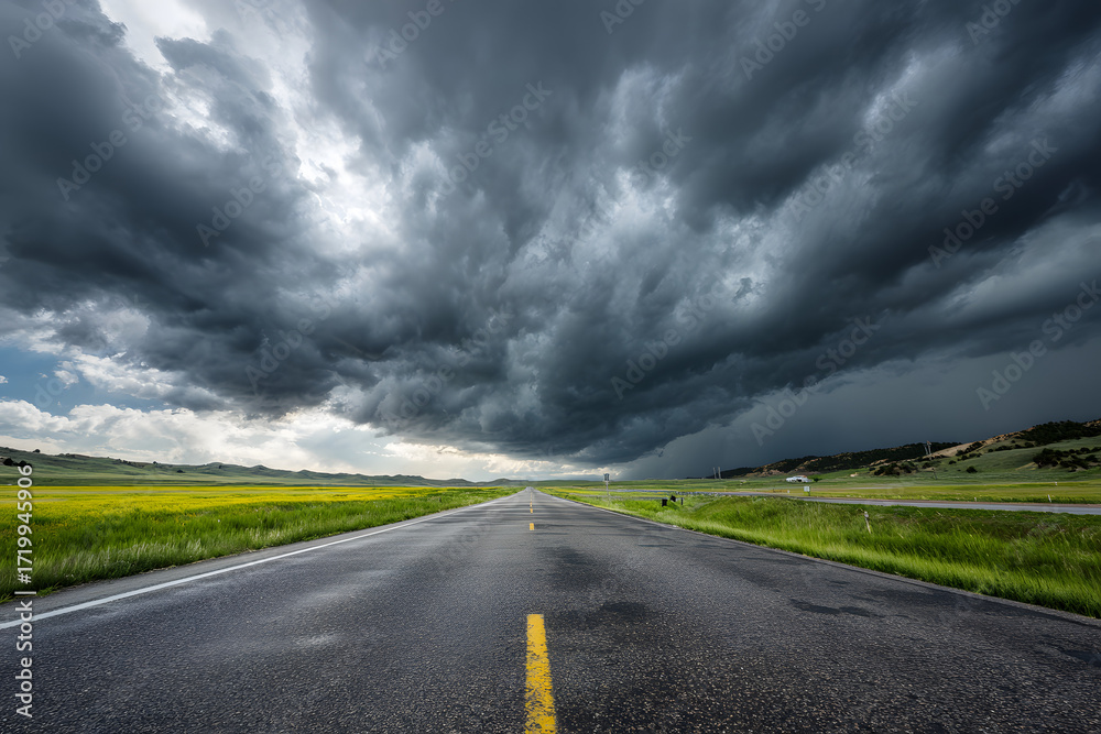Fototapeta premium Metaphorical Road Scene with Storm Clouds and Light Beyond Horizon