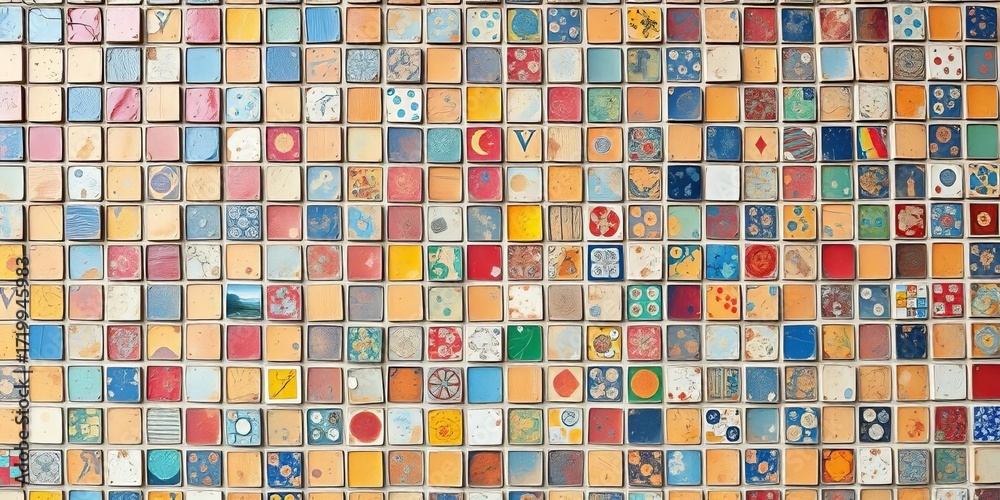 Fototapeta premium Weathered mosaic tile wall, showing age and texture, texture, surface