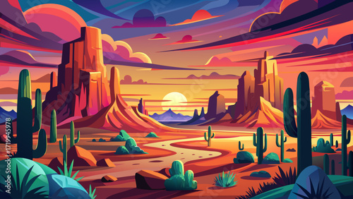 Arizona sunset - colorful and vivid southwestern desert panoramic landscape image created 