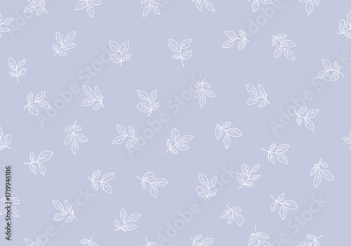 A delicate pattern of white leafy branches scattered across a soft pastel blue background.