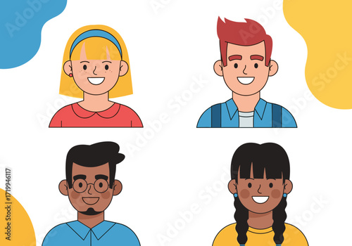 A diverse group of people showing different ages and ethnicities expressing happiness in a stylized illustration with colorful abstract shapes in the background.