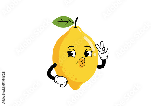 This cute cartoon lemon character is making a kissing face and holding up a peace sign with its hand.