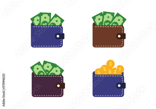 Four open wallets filled with cash and coins representing financial wealth and savings.