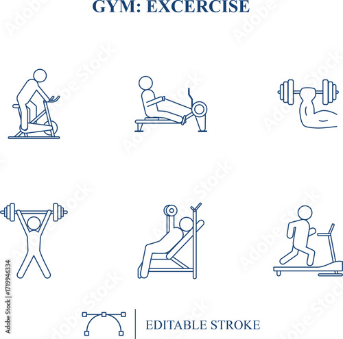 Sports icon set
Set of outline icons related to gym exercises. Linear icon collection. Editable stroke. Vector illustration. Leg press, chest press, Treadmill, Elliptical trainer, Stair climber, 