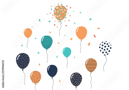 A festive collection of colorful balloons floats gracefully upwards into a shower of confetti.