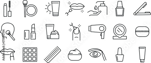 beauty line icons, hair salon outline pack, makeup doodle artwork, minimal beauty vector, cosmetic stroke icons, barber icon set, hairstyle doodle art, manicure line pack, spa outline symbols, profess