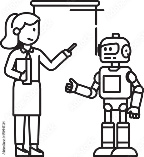 A set of clean vector illustrations showing human-robot interaction in education, work, and collaboration. EPS-ready line art for technology, STEM, and innovation themes