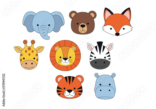 Set of eight adorable cartoon animal faces including an elephant a bear a fox a giraffe a lion a zebra a tiger and a hippopotamus.
