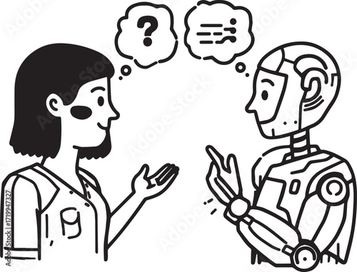 A set of clean vector illustrations showing human-robot interaction in education, work, and collaboration. EPS-ready line art for technology, STEM, and innovation themes