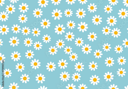 A charming seamless pattern featuring numerous small white daisies with yellow centers scattered across a light blue background.