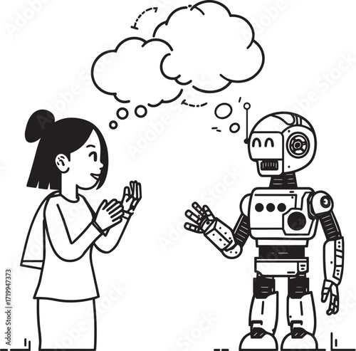 A set of clean vector illustrations showing human-robot interaction in education, work, and collaboration. EPS-ready line art for technology, STEM, and innovation themes