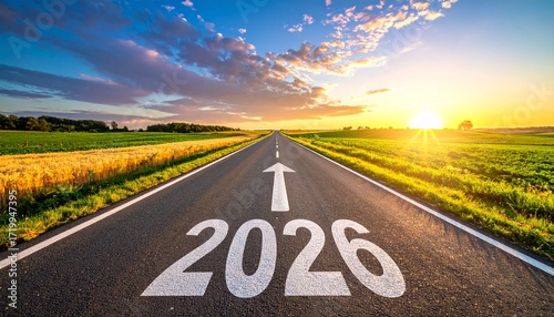 2026 Happy new Year text on the highway road with white and yellow color 