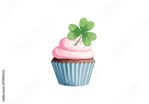 A festive cupcake with pink frosting topped with a lucky clover for a celebration.
