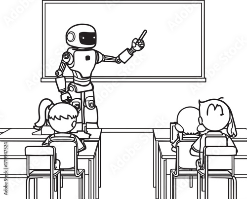A set of clean vector illustrations showing human-robot interaction in education, work, and collaboration. EPS-ready line art for technology, STEM, and innovation themes