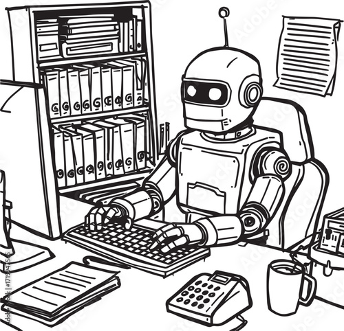 A set of clean vector illustrations showing human-robot interaction in education, work, and collaboration. EPS-ready line art for technology, STEM, and innovation themes
