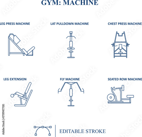 Sports icon set
Set of outline icons related to gym machine. Linear icon collection. Editable stroke. Vector illustration. Leg press, chest press, Treadmill, Elliptical trainer, Stair climber, 