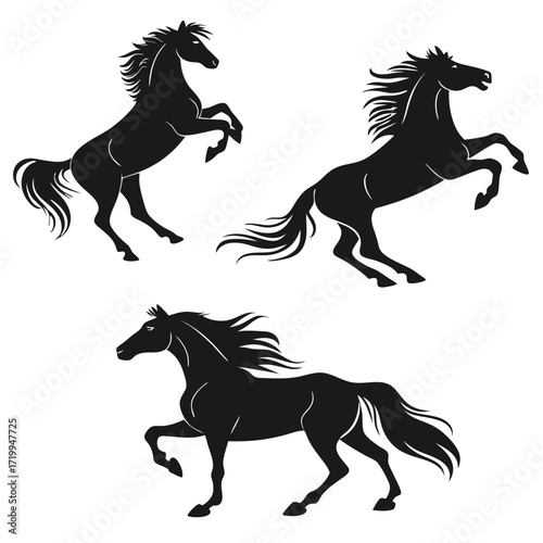 Three dynamic black horse silhouettes in various powerful poses, including rearing and trotting, against a white background.