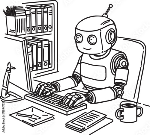 A set of clean vector illustrations showing human-robot interaction in education, work, and collaboration. EPS-ready line art for technology, STEM, and innovation themes