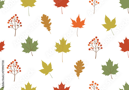 A colorful assortment of autumn leaves and berries scattered across a white background.