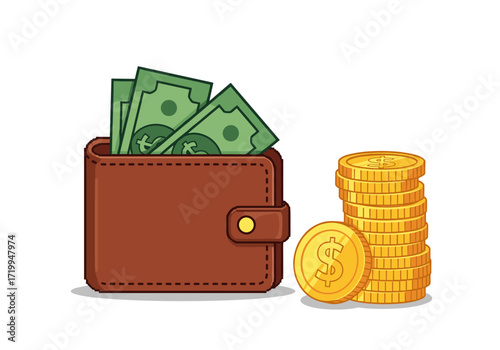 A brown leather wallet filled with green dollar bills next to a stack of gold coins and one gold coin with a dollar sign on it.