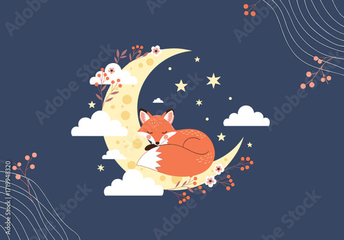 A charming fox sleeps peacefully on a crescent moon surrounded by stars and clouds.