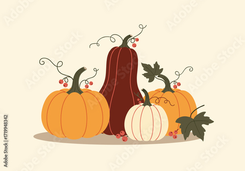 A delightful arrangement of autumn pumpkins and gourds in warm seasonal colors.