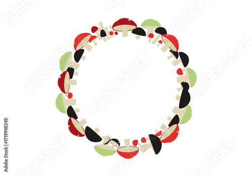 A delightful circular arrangement of various colorful mushrooms and berries creating a whimsical border.
