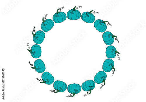 A circular arrangement of teal pumpkins with curly stems forming a festive decorative border.