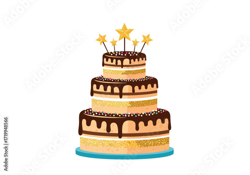 A delicious multi tiered birthday cake decorated with chocolate icing and golden stars on a white background.