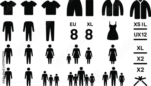 Clothing size and fit glyph icon set. Vector pictograms of maternity, unisex, measurement, chart, short, long length, cropped, tapered, bootcut, flared, black sign silhouette illustration