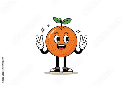 A happy cartoon orange character giving a peace sign with a smile.