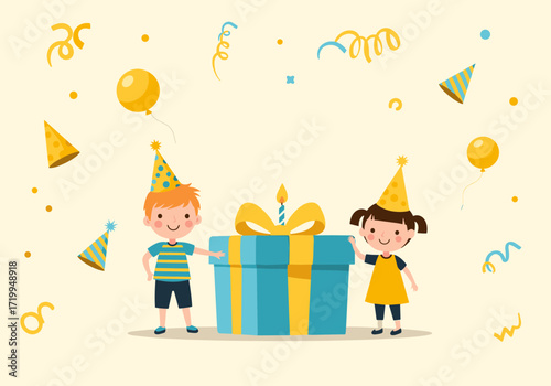Happy birthday celebration with a giant gift and two children wearing party hats.