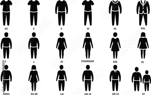 Clothing size and fit glyph icon set. Vector pictograms of maternity, unisex, measurement, chart, short, long length, cropped, tapered, bootcut, flared, black sign silhouette illustration