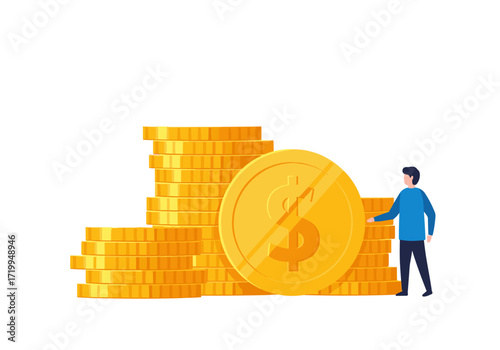 A small person stands next to a huge pile of golden coins with a dollar sign on them.